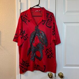 Red Button Up Men's Shirt with Black Dragon and Chinese Writing Utility Size XL